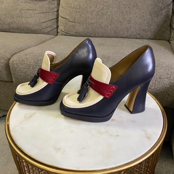 Sam Edelman Jed Baltic Navy/Modern Ivory/Bordeaux Slip On Squared Toe Loafers - Picture 1 of 7